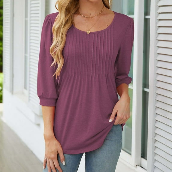Tops for Women Pleated Long Sleeve Round Neck Casual Loose Solid Color Top Purple XL
