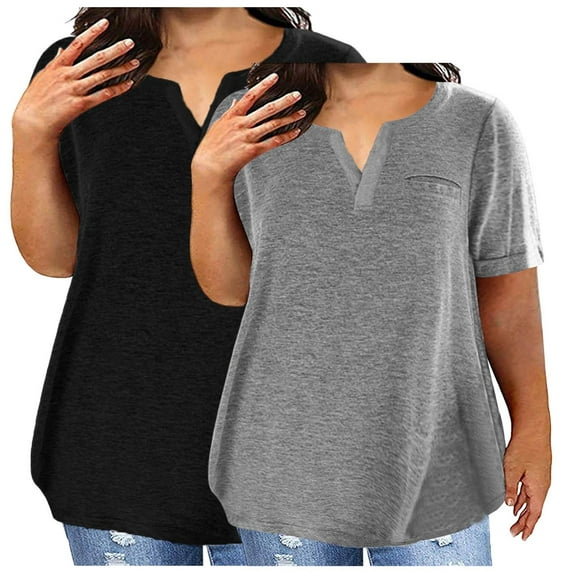 Tops for Women Plus Size 2PC V-neck Short Sleeve Solid Color Oversized T-shirt Dark Gray XL