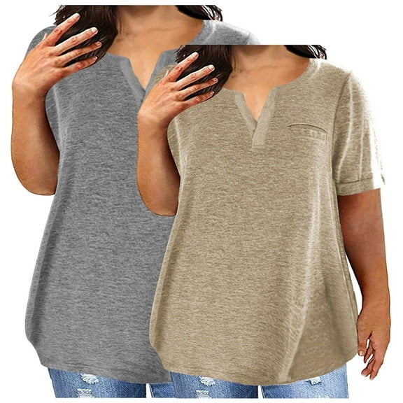 Tops for Women Plus Size 2PC V-neck Short Sleeve Solid Color Oversized T-shirt Khaki XL