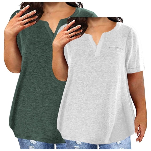 Tops for Women Plus Size 2PC V-neck Short Sleeve Solid Color Oversized T-shirt White XL