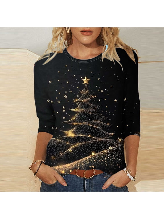 Tops for Women Plus Size 3/4 Sleeve Christmas Printed Round Neck Casual T-shirt Blouse Black