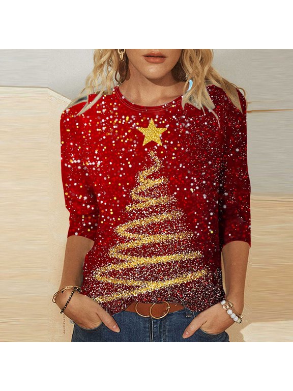 Tops for Women Plus Size 3/4 Sleeve Christmas Printed Round Neck Casual T-shirt Blouse Red
