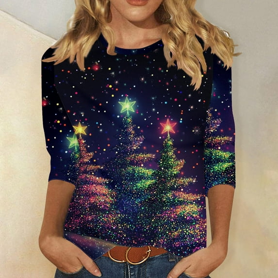 Tops for Women Plus Size 3/4 Sleeve Christmas Tree Print Christmas Sparkling Colorful Round Neck Top Multicolor4 XXXL