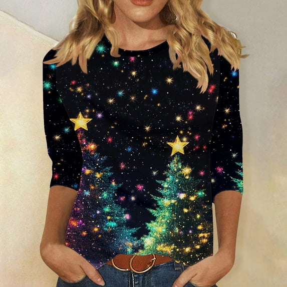 Tops for Women Plus Size 3/4 Sleeve Christmas Tree Print Christmas Sparkling Colorful Round Neck Top Multicolor6 XXXL