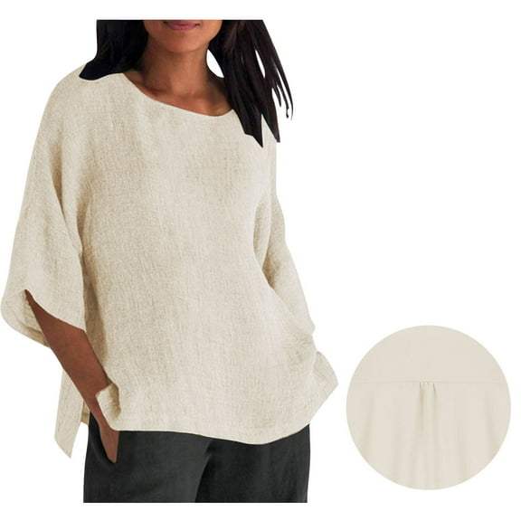Tops for Women Plus Size 3/4 Sleeve Cotton Linen Round Neck T-shirt Home Casual T-shirt Beige L