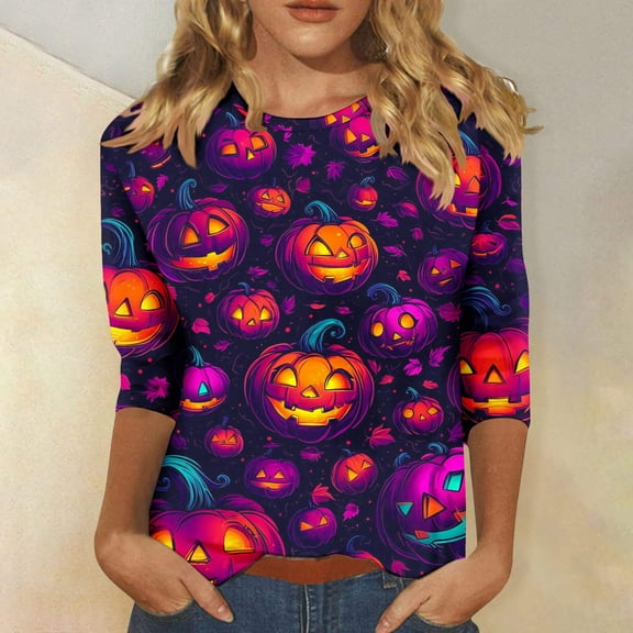 Tops for Women Plus Size 3/4 Sleeve Halloween Pumpkin Print Round-Neck Casual T-shirt 5-Multicolor L