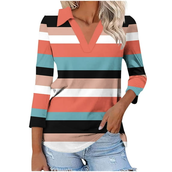 Tops for Women Plus Size 3/4 Sleeve Lapel Color Block Stripe V-neck T-shirt Orange XXL