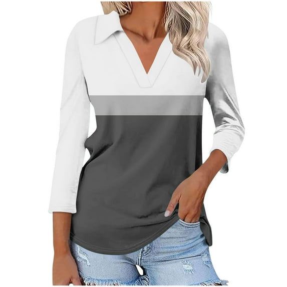 Tops for Women Plus Size 3/4 Sleeve Lapel Color Block V-neck T-shirt Gray XL