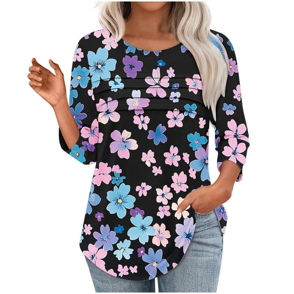 Tops for Women Plus Size 3/4 Sleeve Pleats Floral Print Round Neck T-shirt Loose-fitting Blouses Tops Navy XL