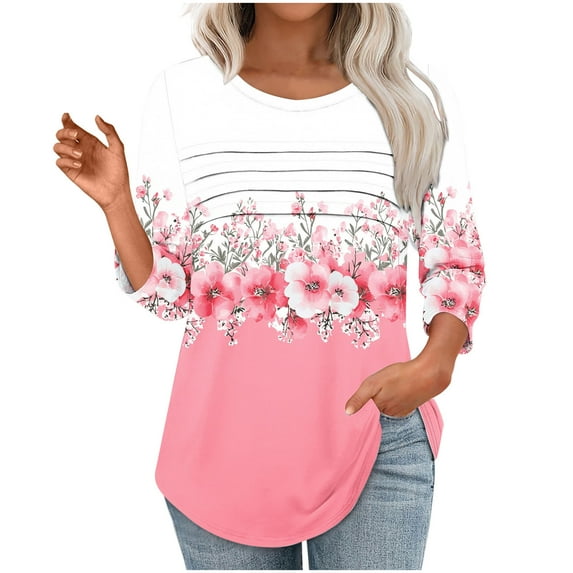 Tops for Women Plus Size 3/4 Sleeve Pleats Floral Print Round Neck T-shirt Loose-fitting Blouses Tops Pink XXL