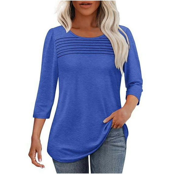 Tops for Women Plus Size 3/4 Sleeve Pleats Solid Color Round Neck Three-quarter Sleeves Loose T-shirt Blue XXL
