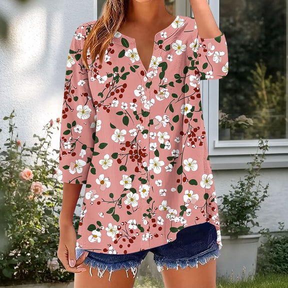 Tops for Women Plus Size 3/4 Sleeve Printed V-Neck Loose Blouse Top Pink XL