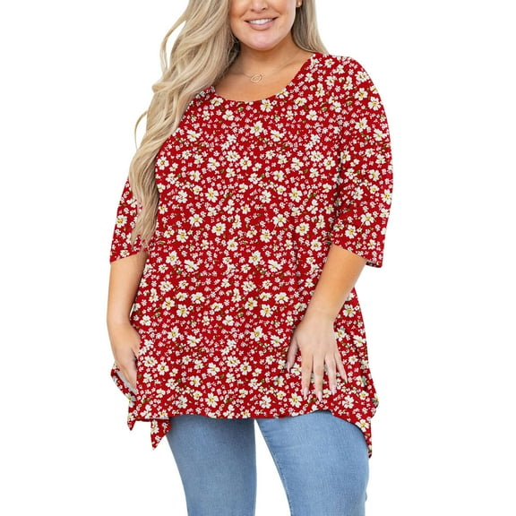 Tops for Women Plus Size 3/4 Sleeve Round Neck Casual Plus Hem Irregular Top Multicolor L