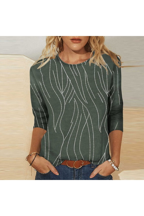 Tops for Women Plus Size 3/4 Sleeve Round Neck Printed Shirts Casual Summer T-Shirts Army Green L