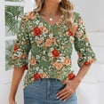 thumbnail image 1 of Tops for Women Plus Size 3/4 Sleeve Ruffle Floral Printed V-neck Casual Three-quarter Sleeve T-shirt Green XXL, 1 of 5