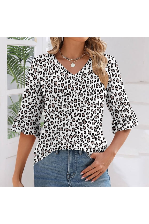 Tops for Women Plus Size 3/4 Sleeve Ruffle Floral Printed V-neck Casual Three-quarter Sleeve T-shirt White XL