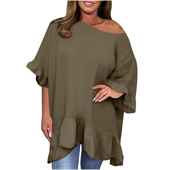 Tops for Women Plus Size 3/4 Sleeve Ruffle Hem Pullover Shirts Boat Neck Dress Summer Casual Loose Cute Blouses L-5XL, Coffee, XXXXL
