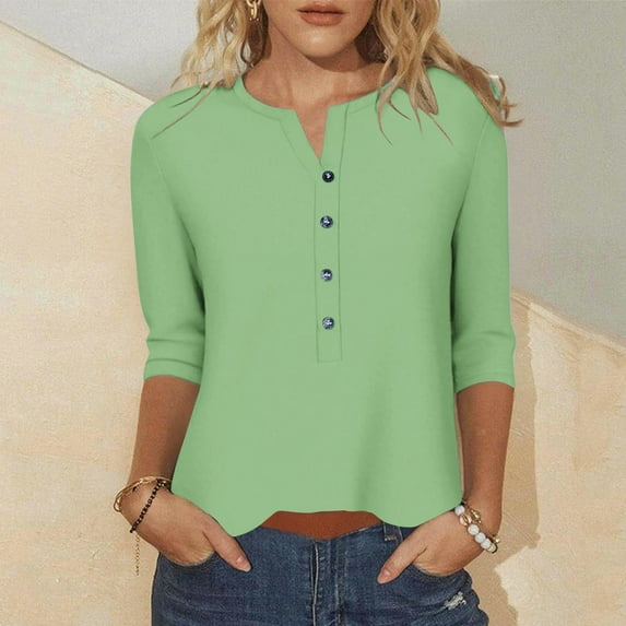 Tops for Women Plus Size 3/4 Sleeve Solid Color Casual Button V Neck Three Quarter Sleeve T-shirt Loose Shirt Green XXXXL