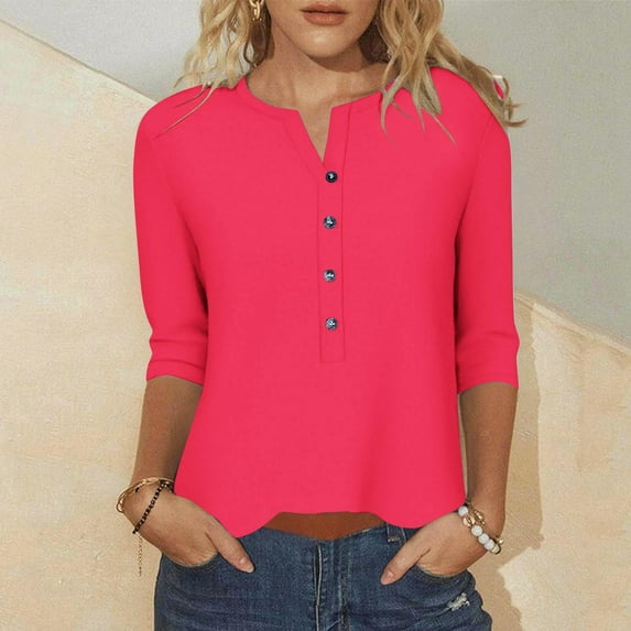 Tops for Women Plus Size 3/4 Sleeve Solid Color Casual Button V Neck Three Quarter Sleeve T-shirt Loose Shirt Hot Pink XXXXL