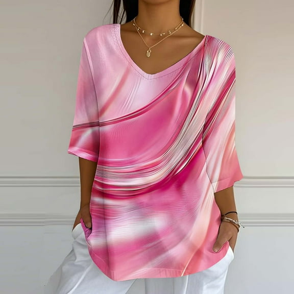 Tops for Women Plus Size 3/4 Sleeve V-Neck Print Casual Loose Blouses Shirts Pink,Shirts for Women