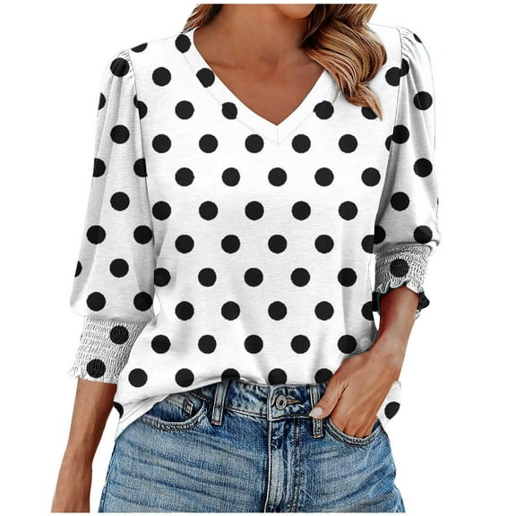 Tops for Women Plus Size 3/4 Sleeve V-Neck Round Dot Printed Casual Blouses Shirts White L
