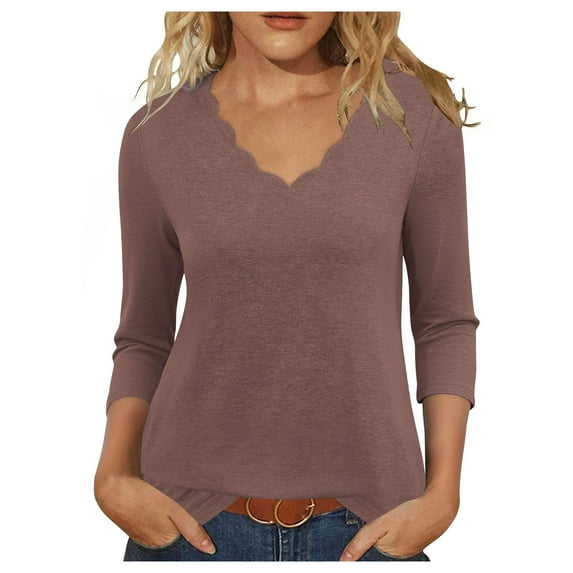Tops for Women Plus Size 3/4 Sleeve V-neck Solid Color Summer Pullover Top 1-Brown L