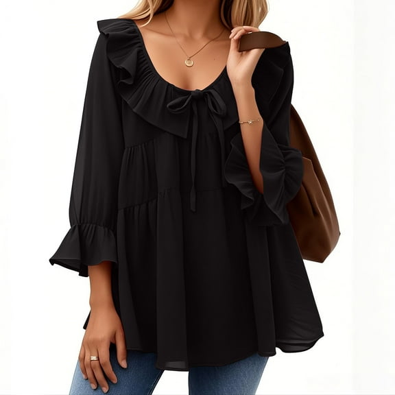 Tops for Women Plus Size 3/4 Sleeved Ruffled Round Neck Pleats Casual Shirt Summer Work Shirt Black L
