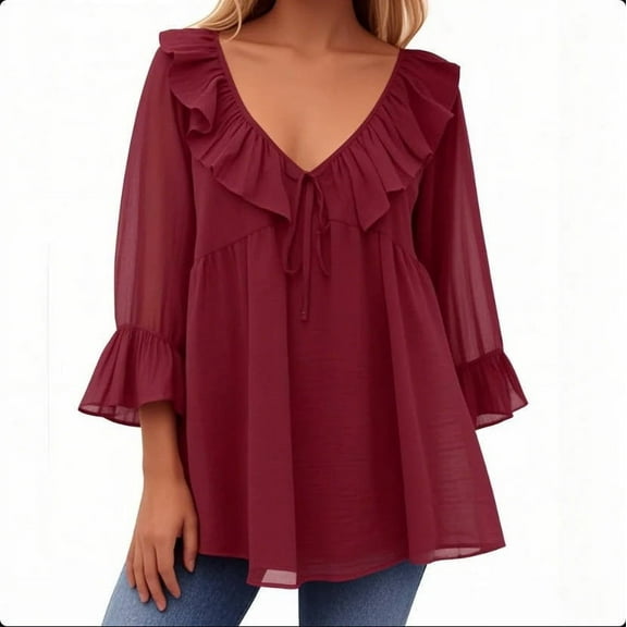 Tops for Women Plus Size 3/4 Sleeved Ruffled Round Neck Pleats Casual Shirt Summer Work Shirt Red L