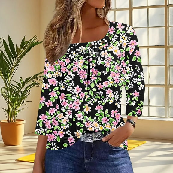 Tops for Women Plus Size 3/4 Sleeved Slanted Collar Square Collar Buttons Blouse Printed Casual T-shirt Brown L