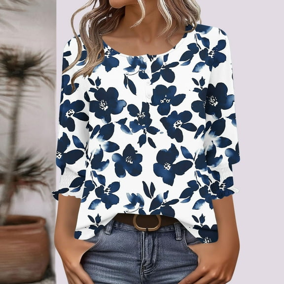 Tops for Women Plus Size 3/4 Sleeves Printed Button-up T-shirt Round Neck Top Shirt Navy XXL