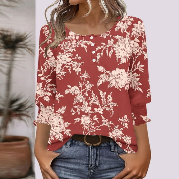 Tops for Women Plus Size 3/4 Sleeves Printed Button-up T-shirt Round Neck Top Shirt Red XXL