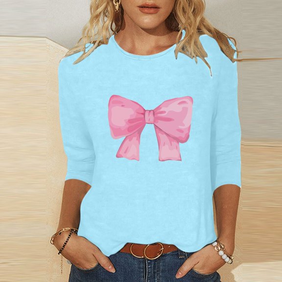 Tops for Women Plus Size Bow Print 3/4 Sleeves Round Neck Prints T-shirt Casual Tops Light Blue XL