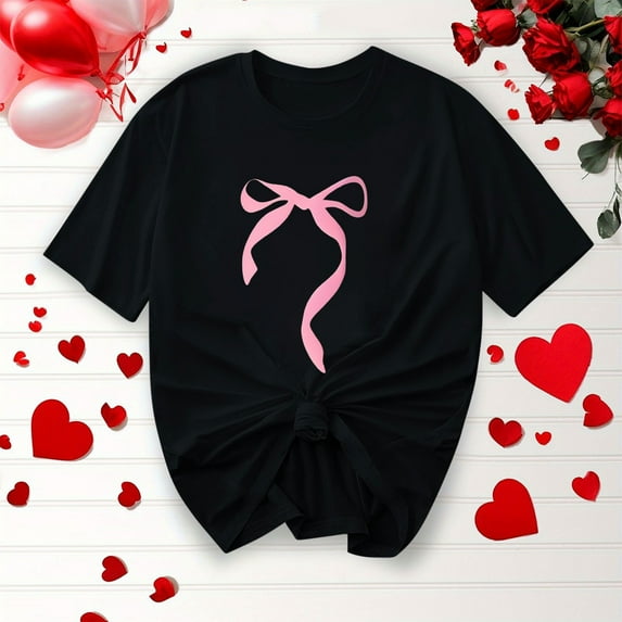Tops for Women Plus Size Bow Ribbon Short-Sleeved Printed Round Neck Casual T-Shirt Black XL