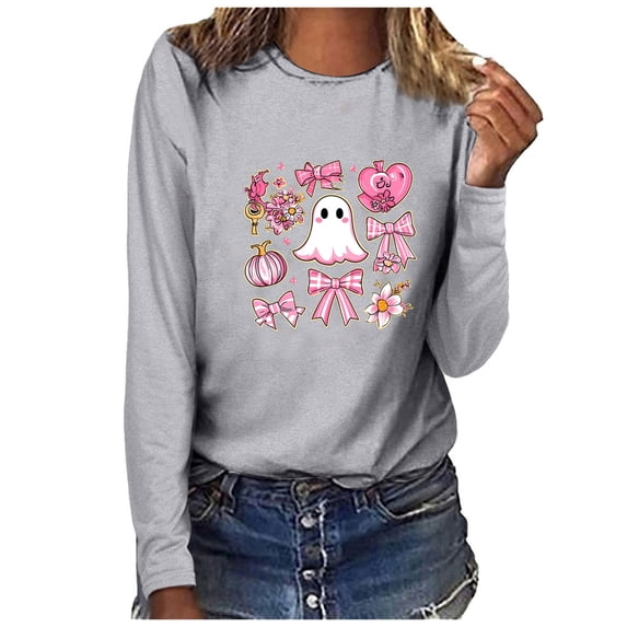 Tops for Women Plus Size Breast Cancer Day Printed Long Sleeve Casual Loose Round Neck T-shirt Blouse 5-Gray