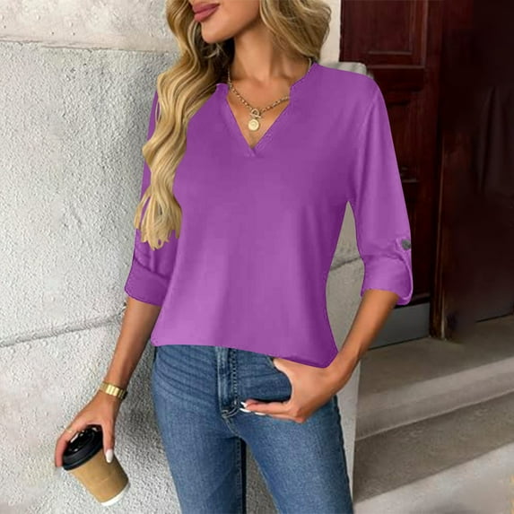 Tops for Women Plus Size Buttons Long Sleeve V-neck Solid Color Shirt Purple