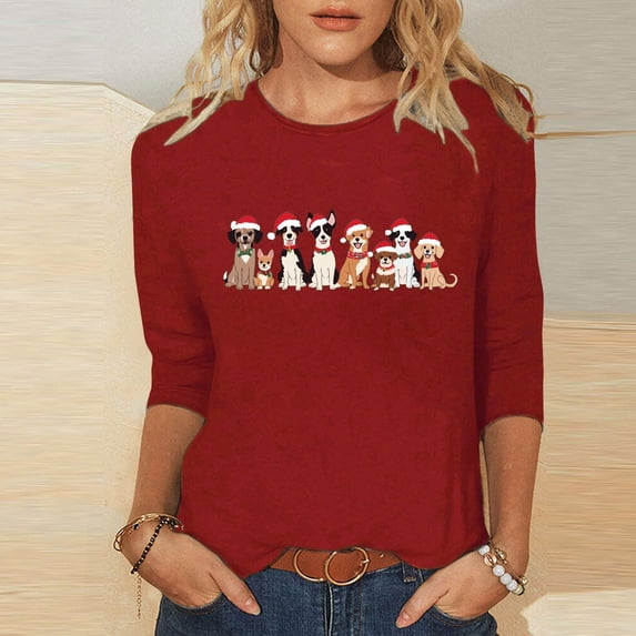 Tops for Women Plus Size Christmas 3/4 Sleeve Printed Round Neck T-shirt Loose Shirt Red XXL
