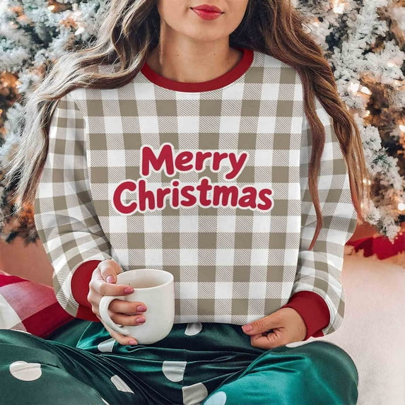 Tops for Women Plus Size Christmas Plaid Printed Long-sleeved Fleece Round-neck Vintage Letter Casual Sporty Sweatshirt Khaki XXL