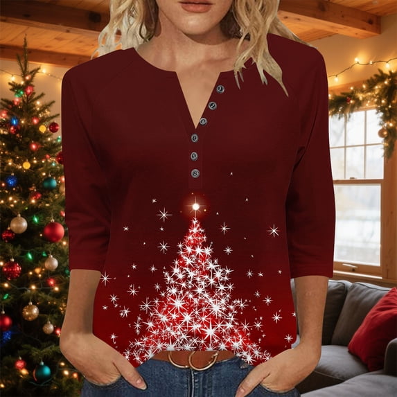 Tops for Women Plus Size Christmas Printed 3/4 Sleeve V-Neck Button Casual Loose Raglan Sleeve Top Red XL