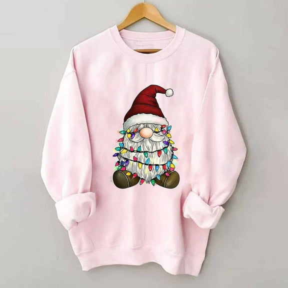 Tops for Women Plus Size Christmas Printed Long Sleeved Round Neck Off Shoulder Sweatshirt Pink7 XXL