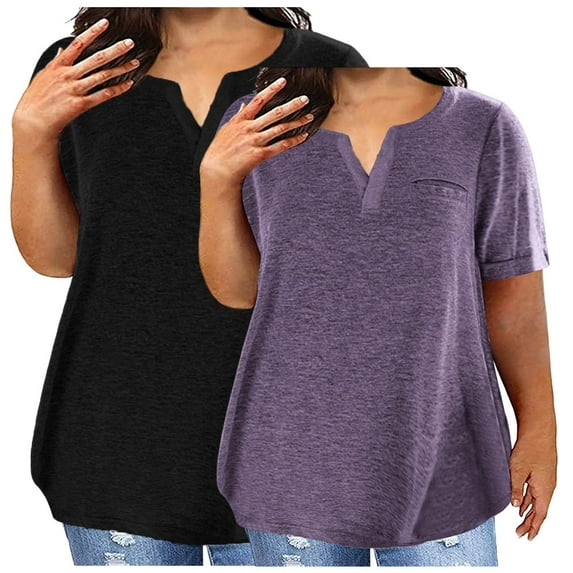 Tops for Women Plus Size Clearance 2PC V-neck Short Sleeve Solid Color Oversized T-shirt Purple L