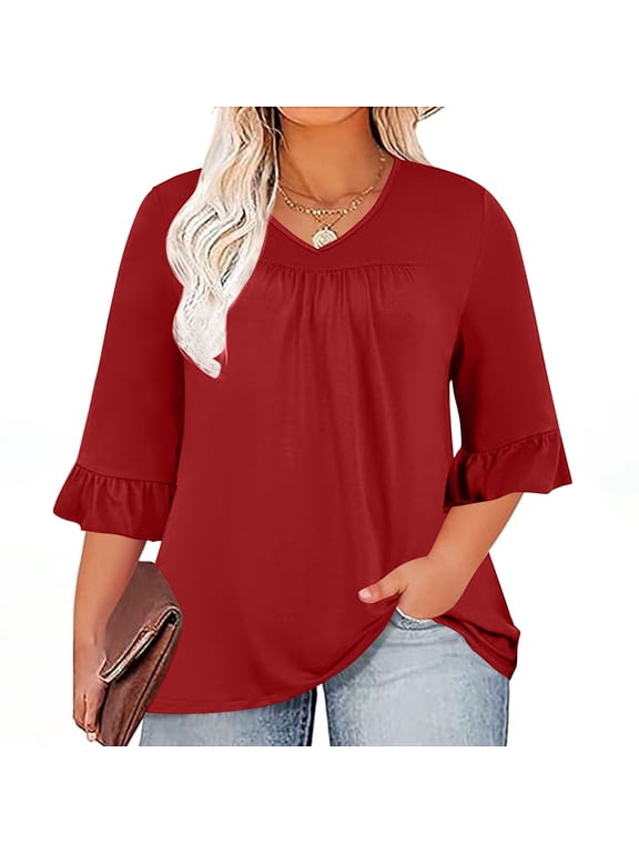 Tops for Women Plus Size Cotton 3/4 Ruffled Sleeve V-neck Pleated Casual T-shirt Loose Fitting Shirt Red XL