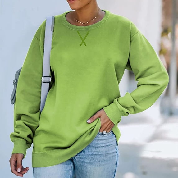 Tops for Women Plus Size Long Sleeves Round Neck Loose Casual Sweatshirt Green XL