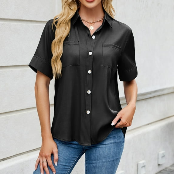 Tops for Women Plus Size Short-sleeved Lapel Solid Color Jeans Loose Shirt Tops Black L