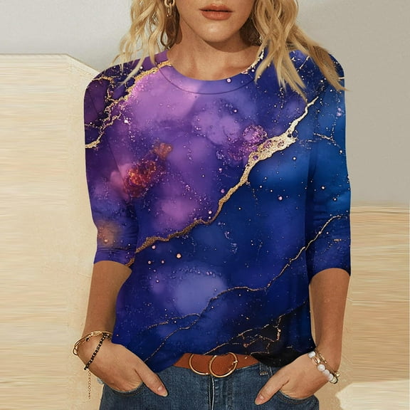 Tops for Women Plus Size 3/4 Sleeve Pullover Round Neck Printing Blouse Purple L