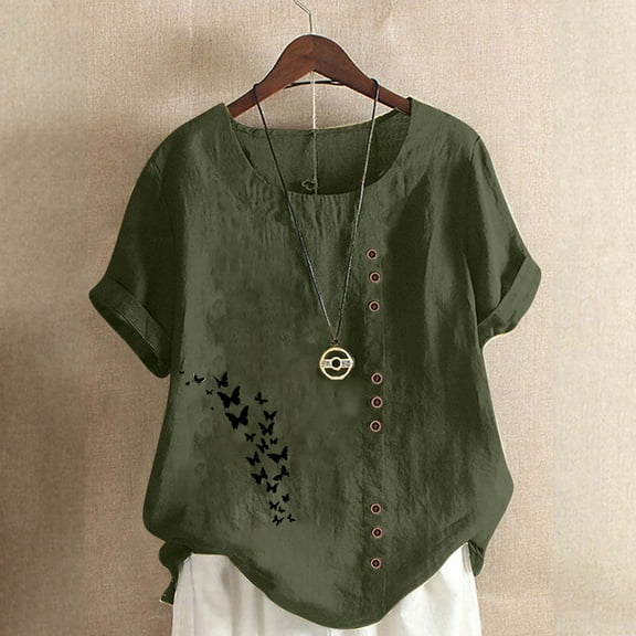 Tops for Women Plus Size Round Neck Print Short Sleeve Button T-shirt Blouse Army Green L