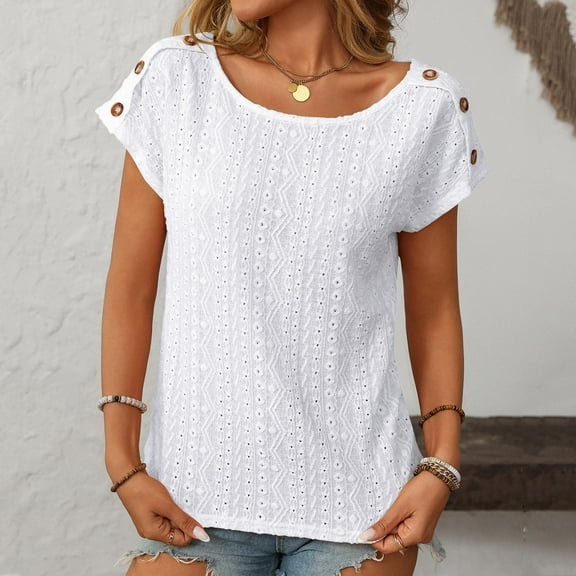 Tops for Women Plus Size Round Neck Short Sleeved Solid Color Hollowed Out Casual T-Shirt White L