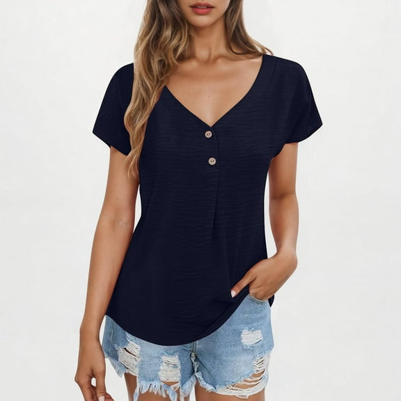 Tops for Women Plus Size Solid Color Short Sleeved V-neck Casual Loose T-shirt Dark Blue L