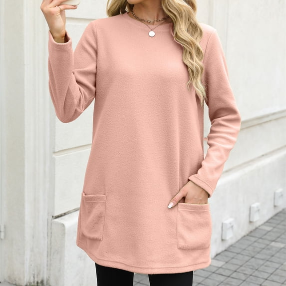 Tops for Women Plus Size Fall Winter Round Neck Long Sleeves Pocket Pullover Tops,Womens Blouse Pink