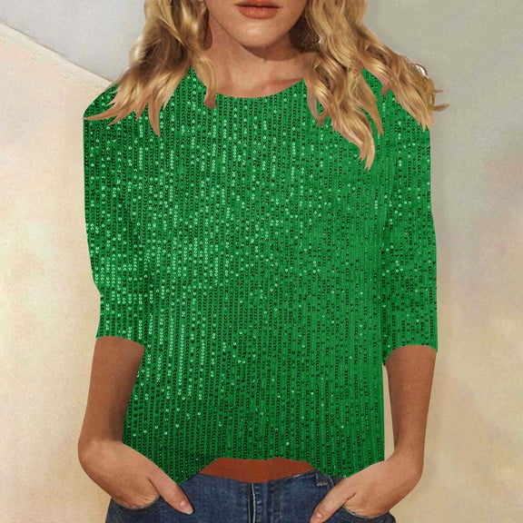 Tops for Women Plus Size Fashion Women's Pullover Shirt with Sequins and Casual Round Neck 3/4 Sleeve Green S