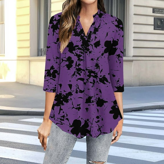 Tops for Women Plus Size Floral Printed 3/4 Sleeve V-Neck Casual Blouse Top Purple XL
